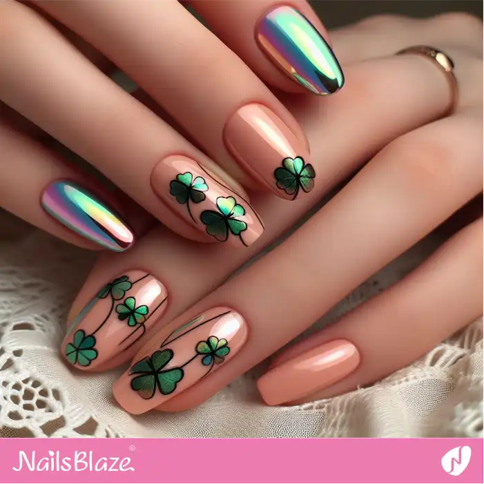 Silver and Nude Four Leaf Clover Nails | Nature-inspired Nails - NB1591